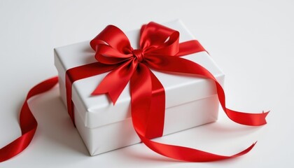 a gift, adorned with a vibrant red satin bow, nestles majestically upon a stark white backdrop, exuding a sense of anticipation and festive cheer.