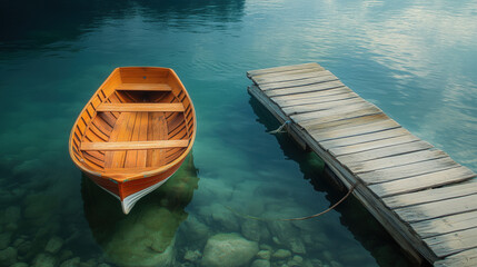 a wooden boat tied to a rustic dock on a serene sea