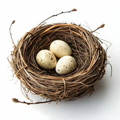Obraz premium Three Speckled Bird Eggs in a Rustic Nest: Nature's Perfect Still Life