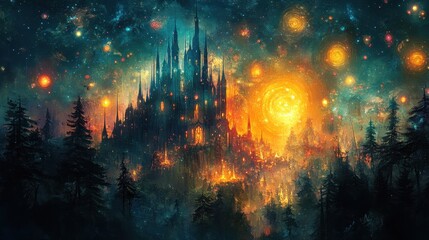 Fantasy Castle in Enchanted Forest Against a Starry Sky with Bright Orbs and Glowing Elements