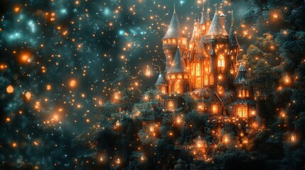 Enchanted Castle Surrounded by Magical Lights in a Mystical Forest at Night