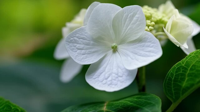 Close-up of pristine white Hydrangea flower bloom with textured petals, set against a soft green, leafy garden backdrop in natural light.