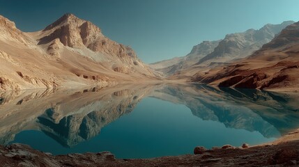 Serene Reflection of Majestic Mountains Beneath a Clear Blue Sky in Tranquil Waters