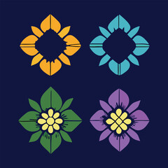 Set of four stylized floral ornaments in vibrant colors for decoration