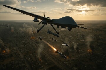 Aerial drone launching missiles or deploying smaller drones from a high altitude