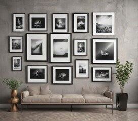Sleek gallery wall, diverse frames, customizable art mockups, neutral, frame mockup