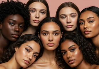 Obraz premium Diverse group of beautiful women with various skin tones and hair textures, posing together for beauty, skincare, and cosmetic concepts on a neutral background.