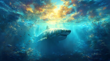 Fototapeta premium Majestic shark swimming in vibrant ocean depths.