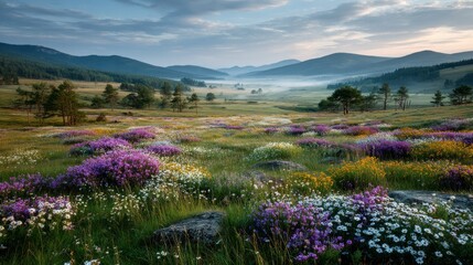 Colorful Meadow at Dawn with Wildflowers and Mountains in the Background