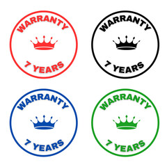 Set of 7 years warranty stamp, design, logo, icon, tag, label for advertising, marketing and promotion 