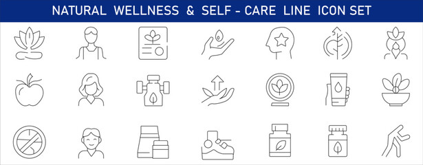 A modern minimalist line icon set featuring wellness, self-care, yoga, meditation, spa, aromatherapy, and healthy lifestyle symbols. Ideal for apps, branding, and infographics.