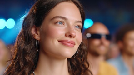 Fototapeta premium Young Woman Smiling at a Music Concert Surrounded by an Engaged Audience Under Colorful Stage Lights