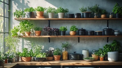 Lush Indoor Herb Garden with Various Pots and Shelves Bathed in Natural Light in Cozy Kitchen Space