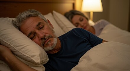 Mature couple sleeping in bed at night. Man with gray hair and beard asleep on pillow next to woman in soft focus. Bedroom illuminated by lamp.