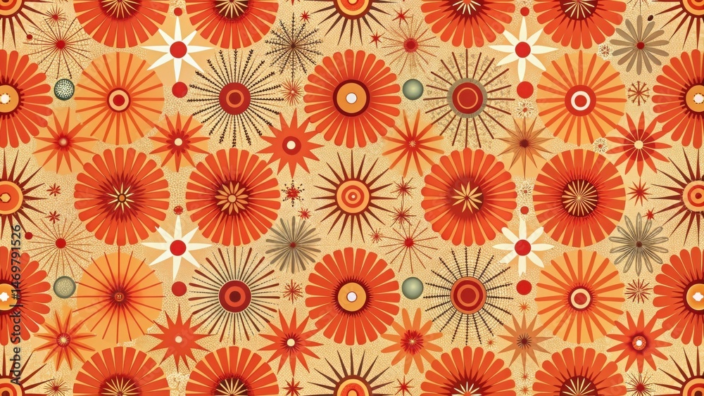 Fototapete a vibrant tapestry of stylized floral motifs in warm autumnal hues, featuring a diverse array of cir