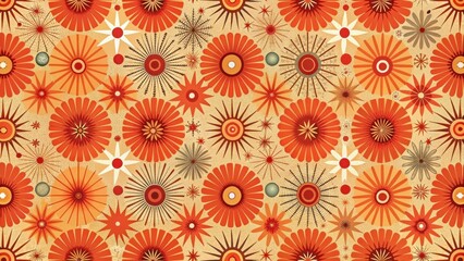 A Vibrant Tapestry of Stylized Floral Motifs in Warm Autumnal Hues, Featuring a Diverse Array of Circular and Starburst Designs on a Textured Background