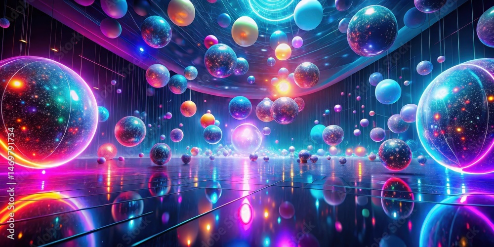 Poster illuminated spheres in a futuristic hallway exhibiting vibrant colors and cosmic patterns