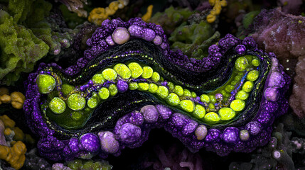 Vibrant Marine Life Abstraction: A macro shot of an intriguing underwater organism, showcasing vivid colors and intricate textures. It is a celebration of marine life, biodiversity.