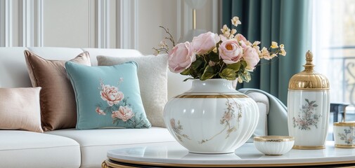 Elegant Porcelain Vase with Gold Floral Motifs in Luxury Living Room.