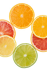 Obraz premium Zesty Citrus Array: A vibrant collection of sliced citrus fruits, showcasing the bright colors and refreshing textures of orange, grapefruit, lemon, and lime, perfectly captured in a studio shot.