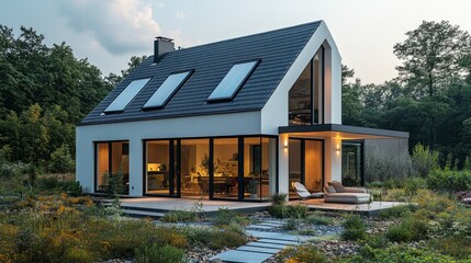 Energy-efficient family home with air heat pump near garden, minimalist architecture, and environmentally sustainable features