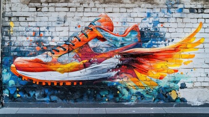 Vibrant Graffiti Art of a Colorful Running Shoe with Dynamic Motion Effects on a Brick Wall