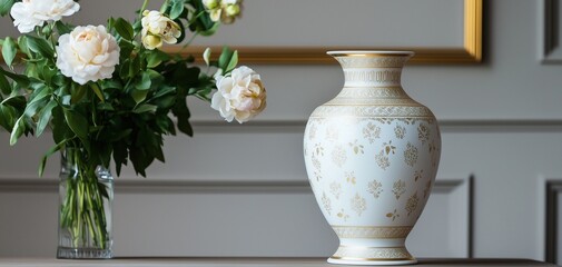 Elegant Porcelain Vase with Gold Floral Motifs in Luxury Living Room.