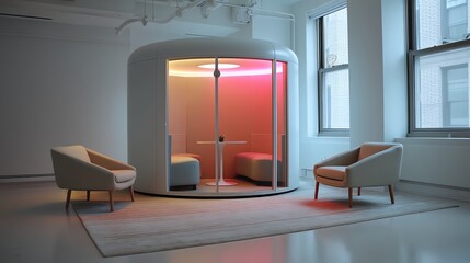 Modern workspace with colorful acoustic pod.