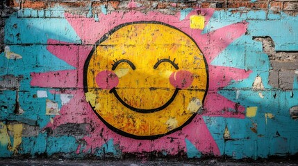 Colorful Smiling Sun Illustration on Vibrant Urban Wall in Bright Yellow, Pink, and Blue for Street Art Enthusiasts