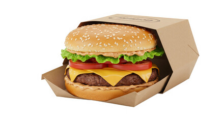 Juicy burger in a togo box