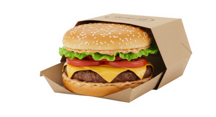 Juicy burger in a togo box