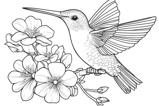 Graceful hummingbird in flight near blossoms, detailed line art.