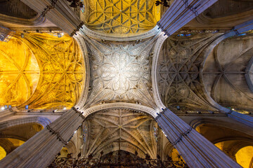 Interiors of Seville gothic cathedral in Andalusia, Spain
