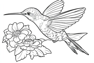 Obraz premium Monochrome illustration of a hummingbird near flowers.