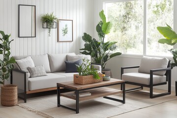Modern living room with light gray sofa, black metal frames, and plants.  Wooden coffee table, and mirrors