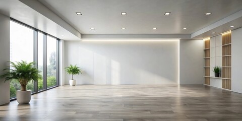 Fototapeta premium Spacious Modern Room with Large Windows and Built-in Shelving, Ideal for Relaxation or Creative Work