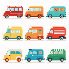 Nine  classic Delivery Van arranged on a white background.
