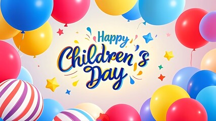 Happy Children’s Day text in various fonts with vibrant colors and playful style, celebrating children’s joy and creativity, perfect for party invitations and cards.
