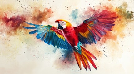 Obraz premium Vibrant Scarlet Macaw in Colorful Flight with Abstract Background of Paint Splashes and Artistic Patterns