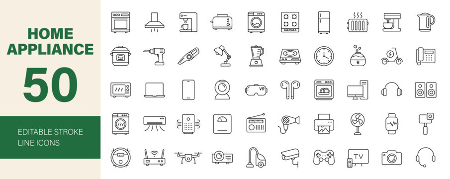 Home appliance icon set. Containing washing machine, vacuum cleaner, refrigerator, TV, blender, microwave, devices, kitchen, household and more. Editable line icons. Vector illustration.