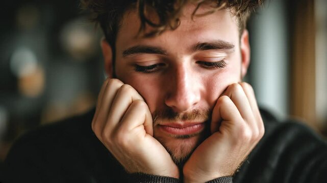 Young man rests chin in hands, eyes gazing into distance with palpable boredom under soft light. Expression of boredom captures quiet stillness and introspective pause, followed by smile