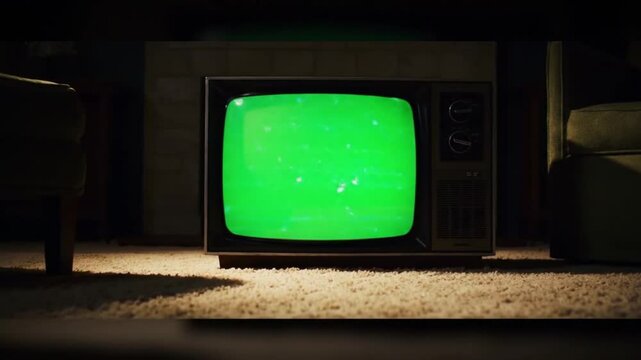 Green screen technology brings a vintage television to life. Ideal for video production, advertising, retrothemed projects, and creative visual effects.