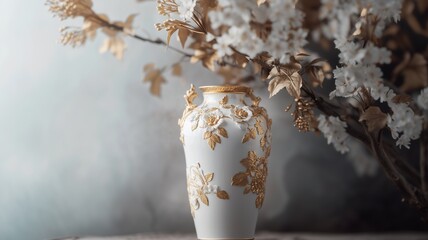Elegant Porcelain Vase with Gold Floral Motifs in Luxury Living Room.