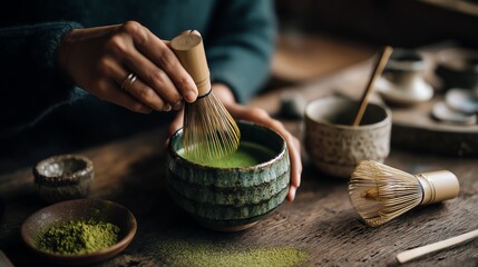 Preparing matcha with traditional tools.