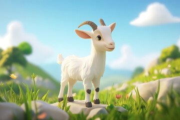 Obraz premium A cheerful cartoon goat standing on a grassy hill, surrounded by vibrant flowers and a bright sky