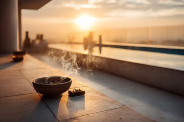 Relaxing sunset scene with incense by the pool.