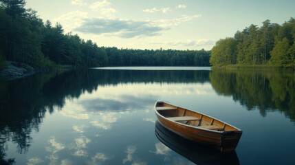 Fototapeta premium Serene Wooden Boat Floating on Calm Lake Surrounded by Lush Green Forest and Tranquil Sky