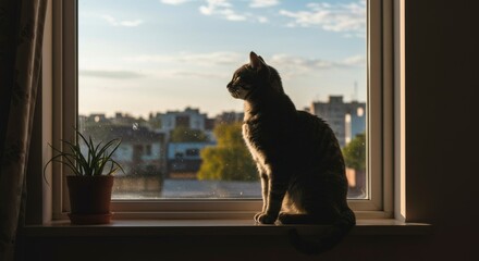 Cat by window, city view