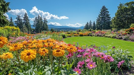 Obraz premium Vibrant Spring Garden Filled with Colorful Flowers and Lush Green Landscape Under Clear Blue Sky