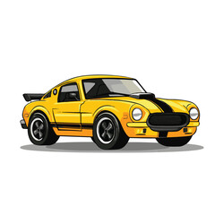 Cartoon Yellow Muscle Car Illustration With Black Stripes And Rear Spoiler